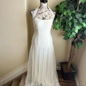 White by Vera Wang Drop Waist Tulle Halter Wedding Dress Ivory Sz 2